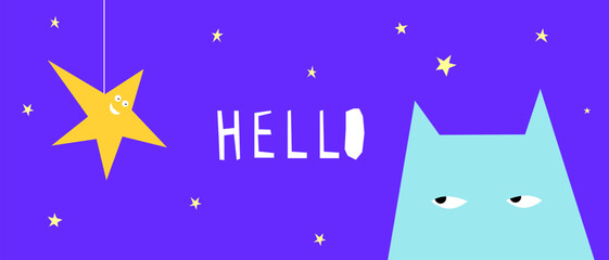 Funny Childish Card background. Sweet Dream and Good Night Sleep Theme. Cute Cartoon Star  and Cat Character. Vibrant Positive Happy Imperfect Application Shape Illustration Design