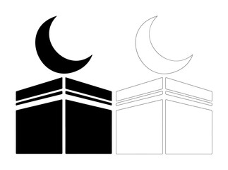 Iconic Islamic symbols of Kaaba and crescent moon, representing faith and pilgrimage.