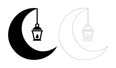 Crescent moon with a lantern hanging, symbolizing nighttime and celebration