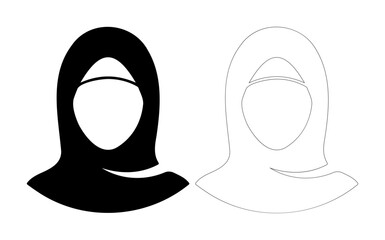 Two simple icons of women wearing hijabs, one solid black and one outline