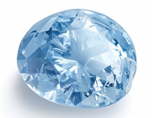 Faceted, light-blue gemstone against white backdrop