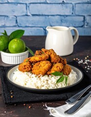 Crispy fried food atop rice with sides of sauce and citrus