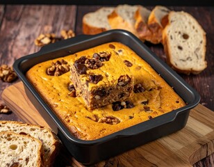 Baked dessert in pan, slice on top, bread & walnuts