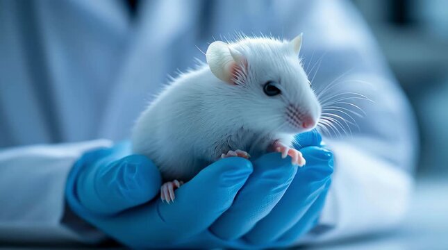 White laboratory mouse in a scientist&rsquo;s blue glove on a blurred lab background, concept of biomedicine, scientific research and animal experiments.	