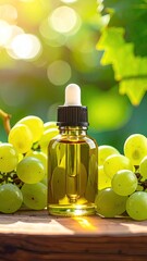 Bottle of yellow liquid with grapes and bokeh background