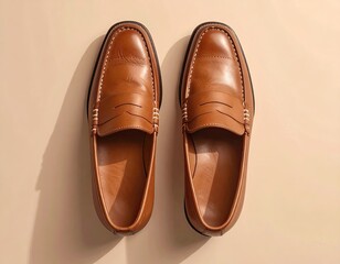 Brown leather penny loafers, overhead view