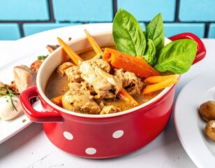 Savory stew, carrots, and basil served in a red pot