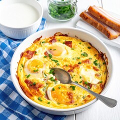 Baked egg dish with bacon, chives, and sides