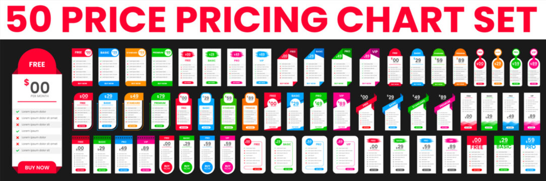 big 50 mega collection of Professional Subscription website Price table template set. UI UX mobile app pricing chart table Subscription design or website Pricing chart table design template bundle.