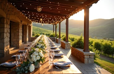 Fototapeta premium Long wooden table set for elegant outdoor dining at vineyard estate. Golden hour light illuminates rolling hills and vineyard rows, enhancing ambiance for a special event.