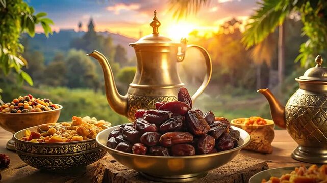 Golden teapot and bowls of dates are arranged on a wooden table at sunset, creating a warm ambiance.