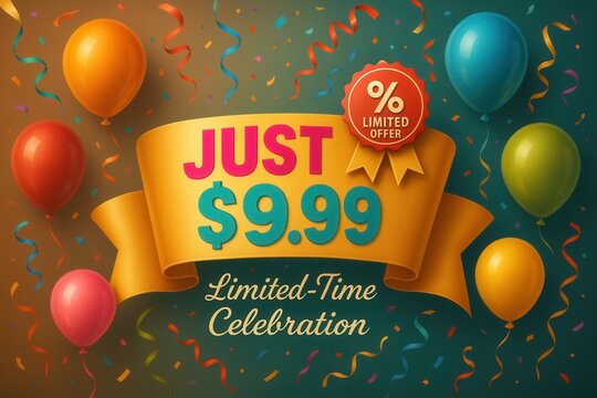 Limited-Time Celebration banner with JUST $9.99 offer, festive style, vibrant retail discount promo for events.