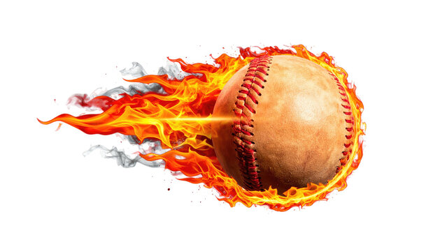 A baseball ablaze with flames, depicting speed and power against a stark black background