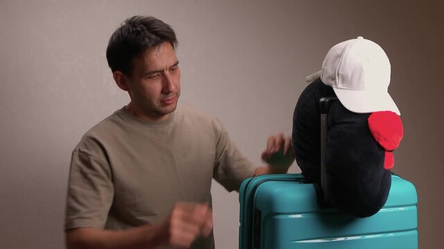 Man examines mannequin head attire. Person carefully checks fit of white hat on mannequin head. Casual individual reviews placement of white cap on mannequin before traveling