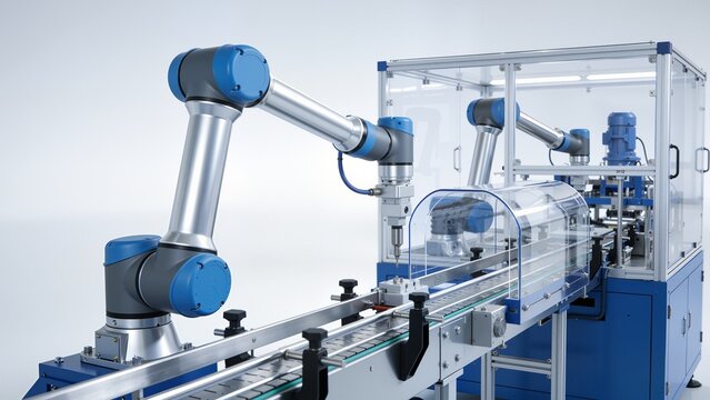 Industrial robotic arms on assembly line