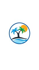 Tropical island scene in a circular frame, featuring palm trees and sun