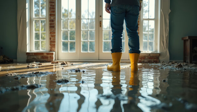 Man in yellow boots stands in flooded room. Debris and water cover wooden floor. Damage from burst pipe needs cleanup and restoration. Homeowner assesses water damage after storm.