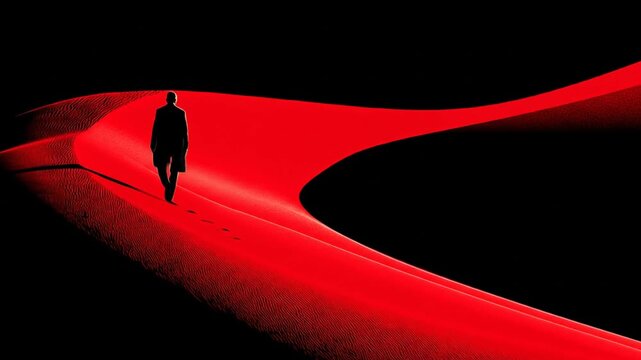 Silhouette walking on red path against black backdrop