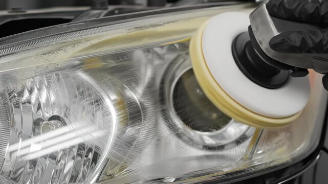 Close up of mechanic hand using power buffer to polish yellowed car headlight restoring clarity and removing oxidation