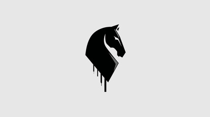 A monochrome stylized horse head logo with geometric shapes and dripping effect