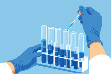 Scientist hand using a pipette to add liquid to a row of test tubes in a lab.