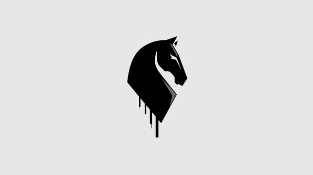 A monochrome stylized horse head logo with geometric shapes and dripping effect