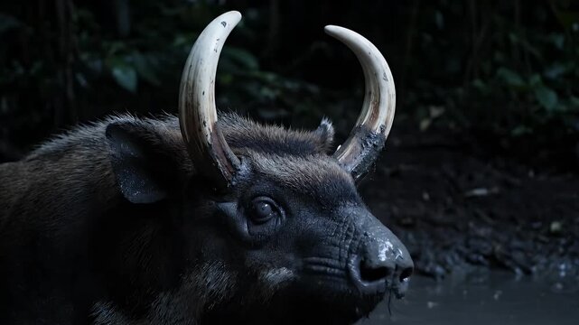 Closeup of Wild Water Buffalo Anoa in dark muddy jungle water