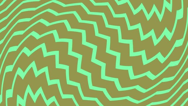 Green zigzag pattern on brown background creating abstract optical illusion with layered concentric circles and vibrant colors