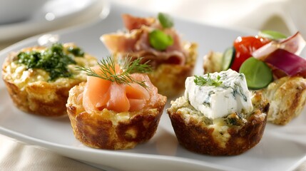 Assorted mini quiches with salmon, cheese and vegetables on white plate