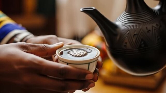 Traditional Ethiopian Coffee Ceremony Pouring Hot Coffee into Small Cups Close-Up