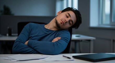 Fototapeta premium Exhausted young adult man sleeping at his office desk late at night with arms crossed, tired male employee napping in workplace after long hours of work