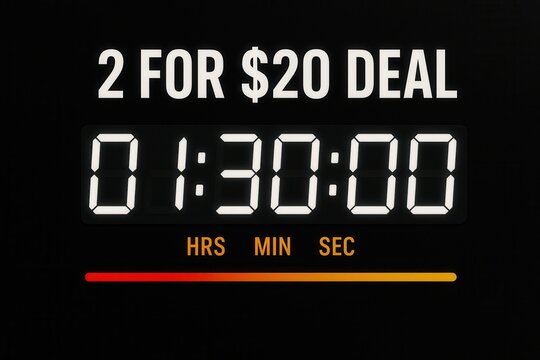 Countdown banner featuring 2 FOR $20 DEAL and 1:30:00 remaining, sleek digital style, engaging retail discount promotion.
