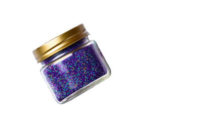 A Tilted Glass Jar Filled with Vibrant Purple, Blue, and Gold Sugar Sprinkles on a Transparent Background. Cutout Element