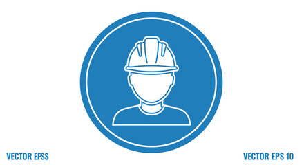 Fototapeta premium A blue circular icon with a white outline of a person wearing a hard hat, representing a construction worker or safety.