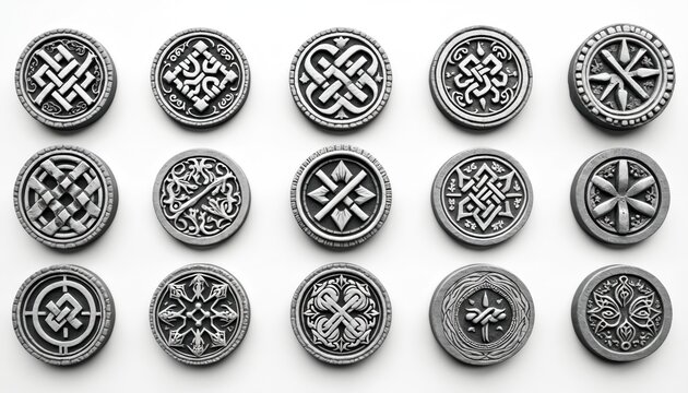 Collection of ancient Norse Viking runes and magic symbols. Round metallic amulets with intricate nordic patterns. Isolated on white background. Useful for historical or fantasy themes.