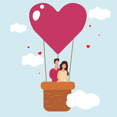 Love couple flying on balloon in the sky. Romantic date Flat cartoon. Man and woman of lovers inside hot air balloon. Hearts, love, romantic greeting card for 14 February. Valentine's day banner.