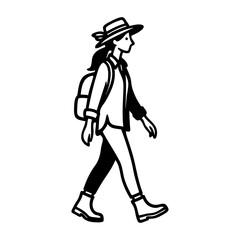 Senderismo en la naturaleza. Dibujo sencillo con líneas de una mujer con sombrero caminando con una mochila a la espalda  © teracreonte