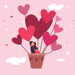 Love couple flying on balloon in the sky. Romantic date Flat cartoon. Man and woman of lovers inside hot air balloon. Hearts, love, romantic greeting card for 14 February. Valentine's day banner.