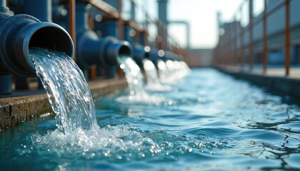 Industrial pipes pour clean water into pool. Seawater desalination plant converts salt water to fresh for drinking. Clean water technology infrastructure for global supply. © miss irine