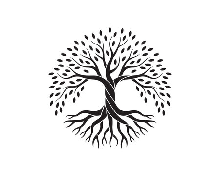 A powerful symmetrical black silhouette illustrates a tree of life symbol with intertwined trunk, branches, and roots