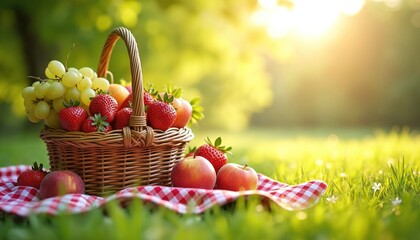 Wicker basket brims with fresh fruit in sunny green meadow. Red strawberries apples grapes fill woven container. Red white checkered cloth sits on grass. Relaxing summer picnic scene outdoors.