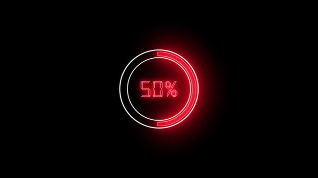 Complete 100 percent loading represented by a bright blue neon circular progress bar on black percentage