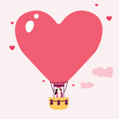 Love couple flying on balloon in the sky. Romantic date Flat cartoon. Man and woman of lovers inside hot air balloon. Hearts, love, romantic greeting card for 14 February. Valentine's day banner.