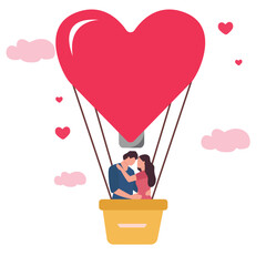 Love couple flying on balloon in the sky. Romantic date Flat cartoon. Man and woman of lovers inside hot air balloon. Hearts, love, romantic greeting card for 14 February. Valentine's day banner.