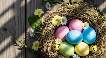Fototapeta premium Pastel Easter eggs arranged in a natural nest with spring flowers, suitable for seasonal campaigns and editorial storytelling. Holiday and Seasonal Marketing, Editorial and Magazine Content