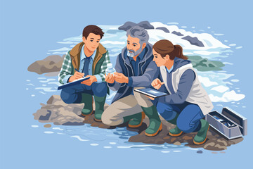 Group of explorers and scientists taking water samples from a rocky stream.