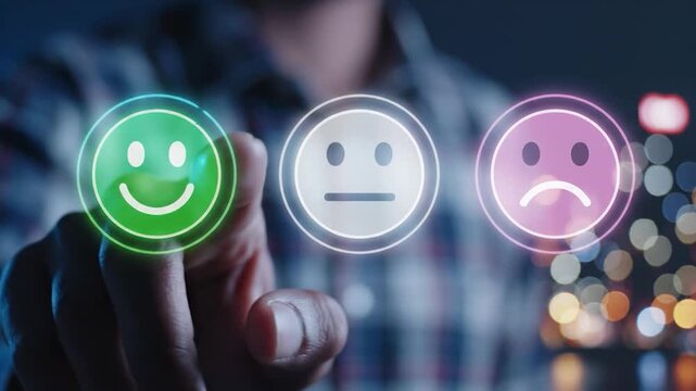 Hand Selecting a Glowing Green Smiley Icon Among Neutral and Sad Emojis, Customer Feedback & Sentiment Analysis Concept, 4K Futuristic UI Shot