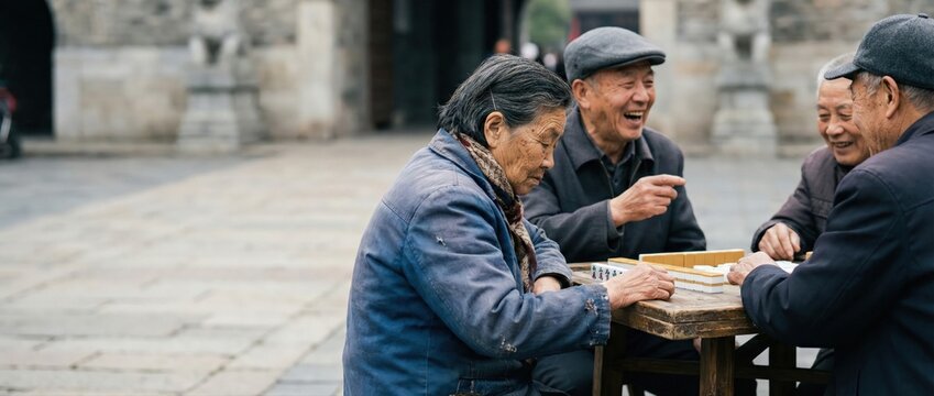 Senior Asian men playing mahjong game outdoors, laughing and enjoying leisure time together Concept of friendship, tradition, and active aging in a traditional setting