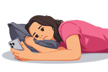 Woman feeling tired or sad lying in bed while looking at smartphone.