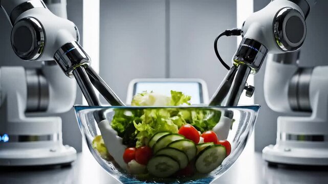 Robotic arms mixing fresh salad slowly, motion controlled by artificial intelligence
